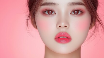 Fototapeta premium Beautiful Asian Woman Portrait Pink Background Makeup Skincare Cosmetics Face Closeup