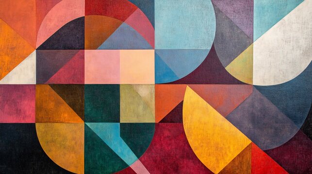 abstract art composition of geometric shapes with interlocking triangles, circles, and squares in a bold and vivid modern design