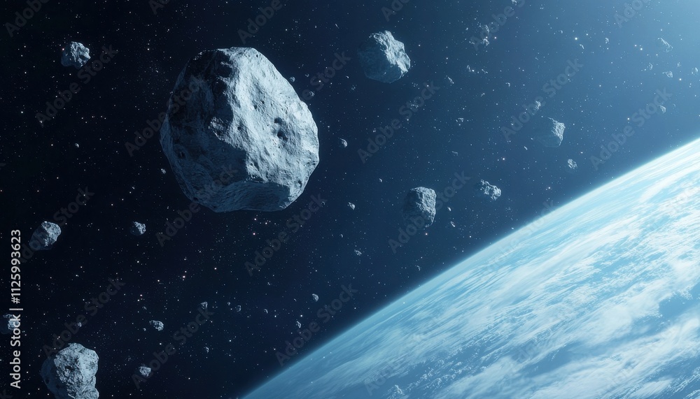 Poster asteroid mining concept. asteroids floating in space above a planet, showcasing cosmic beauty and va