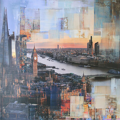 London cityscape in a collage style postcard drawing concept art background iconic building big ben tam river