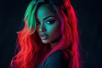 Naklejka premium vibrant portrait of a woman with colorful hair and striking makeup