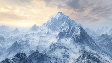 Obraz premium Majestic snow-capped mountain range at sunset.