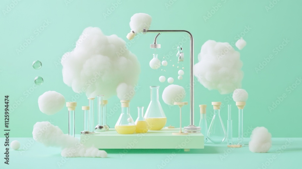 Poster laboratory setup with clouds and yellow liquid