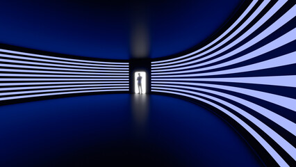 A man stands at the entrance to a futuristic large room lit by striped walls.