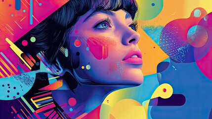Vibrant portrait of a woman surrounded by colorful abstract shapes and patterns.
