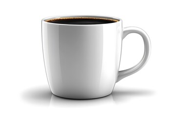 A black coffee fills a white ceramic cup placed on a spotless white background. The effect is stark and elegant, the drink appearing as a well of rich color amid purity. Subtle highlights accent 