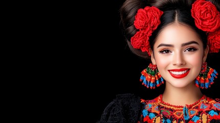 Naklejka premium Beautiful Woman in Traditional Mexican Dress Red Flowers Colorful Jewelry Portrait