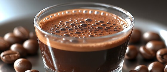 A close-up view of a transparent glass coffee cup filled with dark, aromatic coffee, set against a pure white background. The glass catches light, reflecting subtle highlights and exposing the 