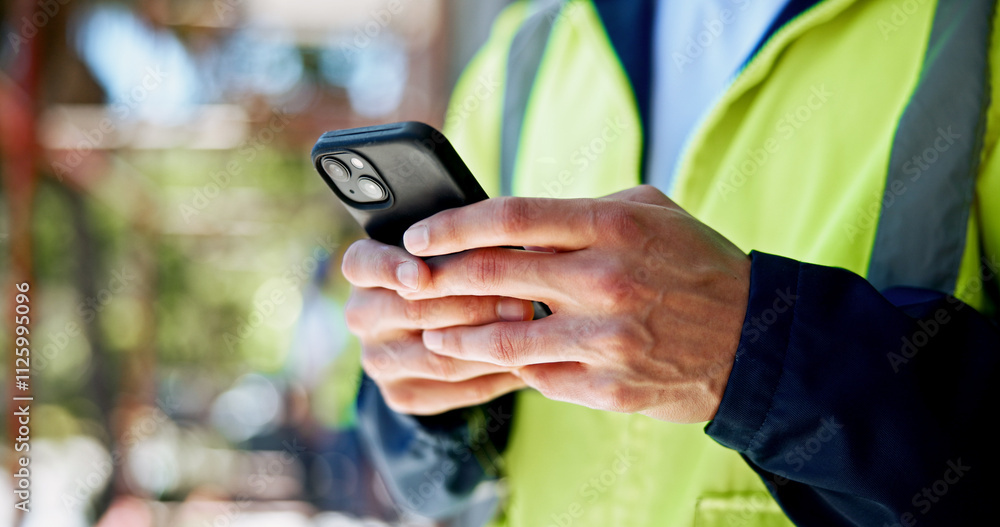 Fototapete Hands, smartphone and construction worker with texting, person or contact with info for building development. Engineer, phone and check with network, notification and email on mobile app at property