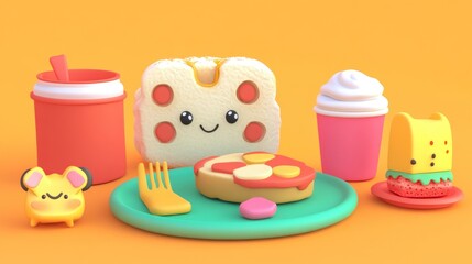 Cute Cartoon Food And Drink Items On Orange Background