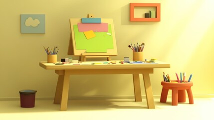 Fototapeta premium Childrens Art Studio Room With Table Easel And Supplies