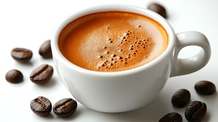 Fototapeta premium A small espresso cup brimming with coffee sits at the center of a white background. Its glossy surface reflects the surrounding light, while the coffee’s surface is nearly black, smooth, and 