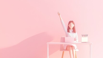 Happy Woman Raises Hand During Online Class