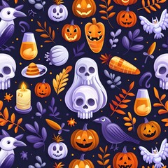 seamless pattern of spider, skull, bat, raven, 