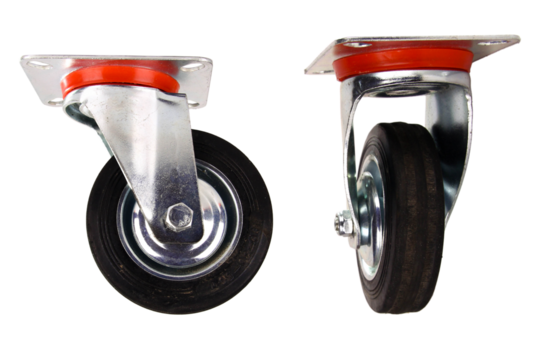 caster roller wheel, cart wheels used in shopping carts and baskets. Isolated background.