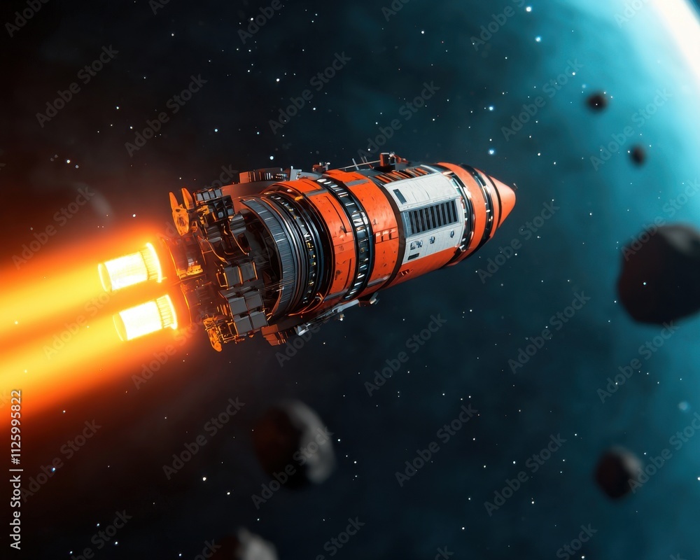 Poster asteroid mining concept. futuristic rocket soaring through space surrounded by asteroids and vibrant