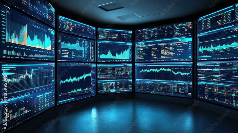 Poster multiple screens displaying financial market data graphs