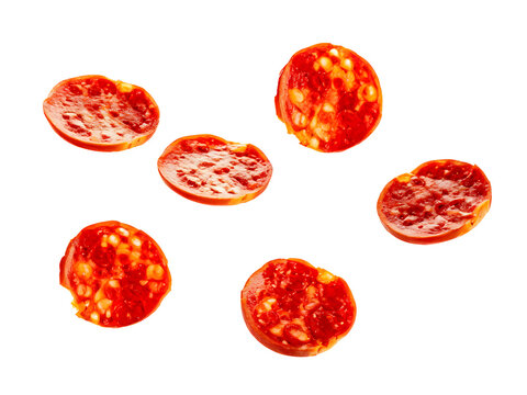 Pepperoni slices flying, isolated on transparent background.