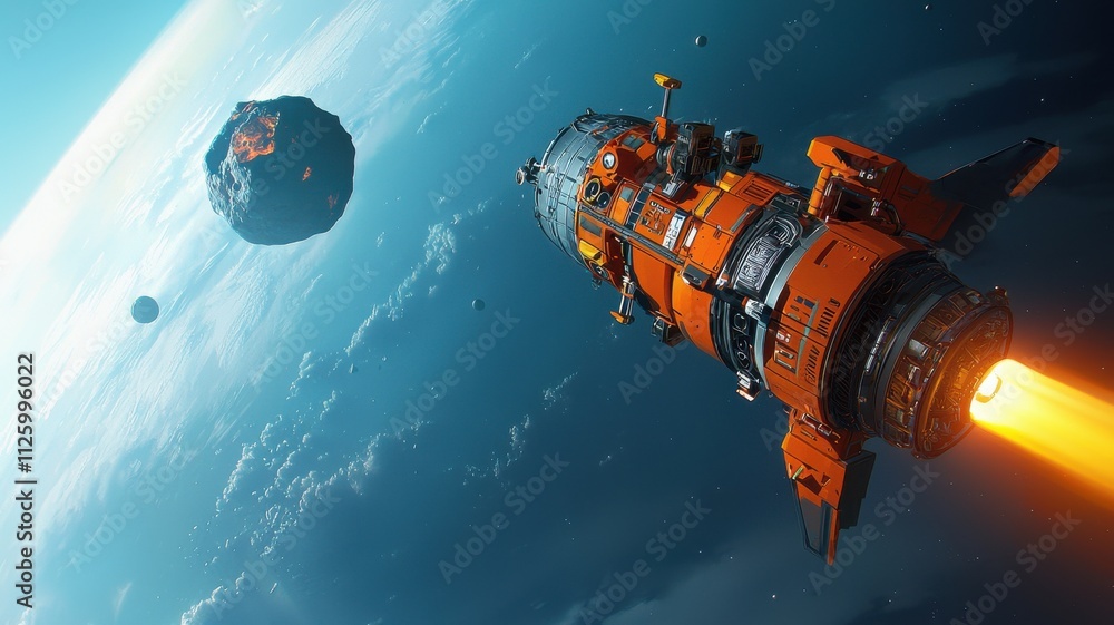 Poster asteroid mining concept. futuristic spaceship launching in space with asteroids nearby.