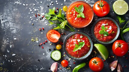 Tomato sauce in a bowl and fresh vegetables on a dark background