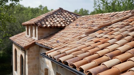 Rustic terracotta roof tiles on a building, showcasing their texture and color variations. Ideal for architectural, real estate, or construction projects needing a Mediterranean feel.