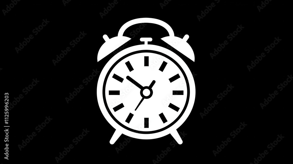 Poster simple bold alarm clock icon graphic in black background for minimalistic design