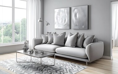 Modern gray living room with sofa, window, and artwork.