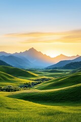 Fototapeta premium A beautiful mountain landscape with a sun setting in the background