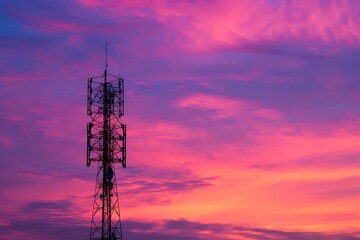Fototapeta premium Telecommunication tower with sunset sky background