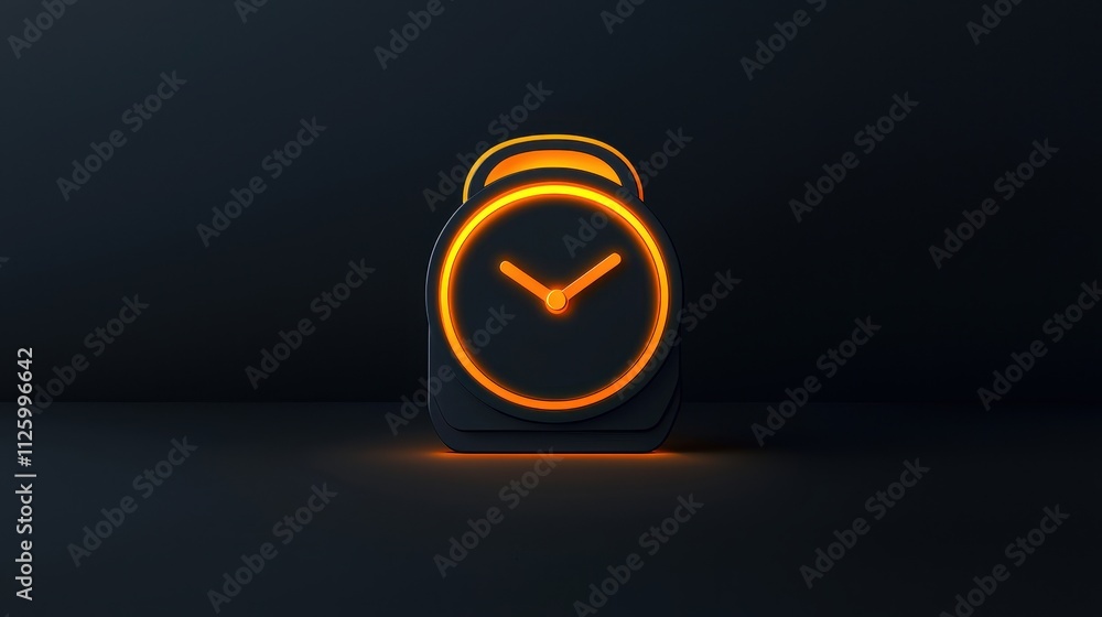 Poster modern alarm clock icon with bold outline and glow effect for time management and wakeup