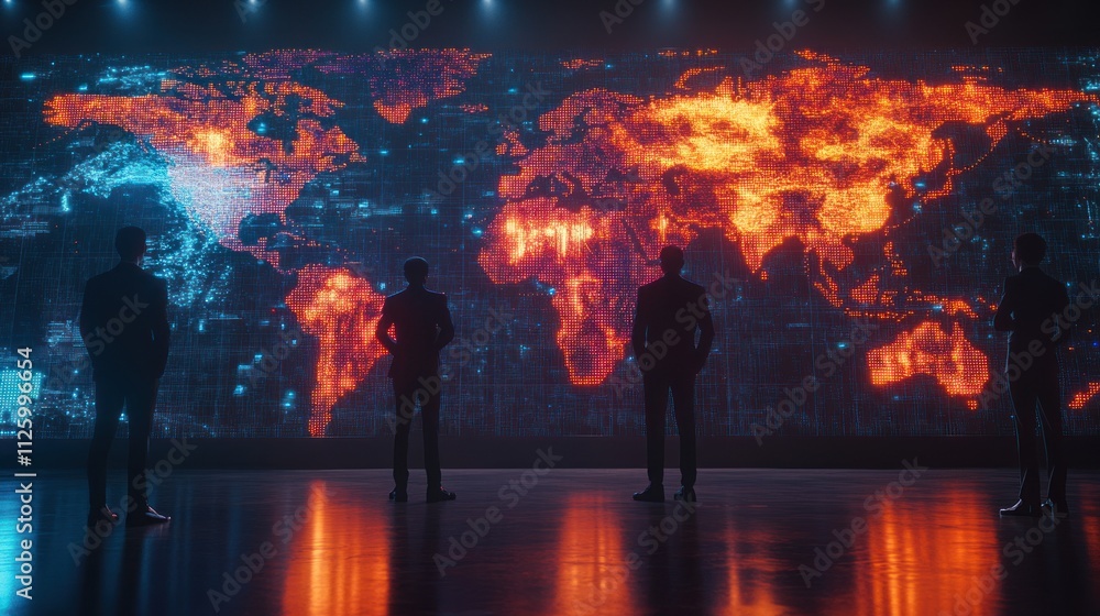 Poster global network data analysis businessmen observe digital world map