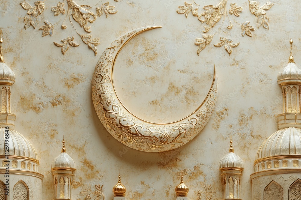 Poster ornate crescent moon design with decorative elements and domed structures.