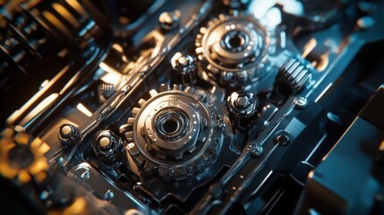 Fototapeta premium Close-up of interlocking gears and bolts, with metallic textures and a soft spotlight emphasizing their details