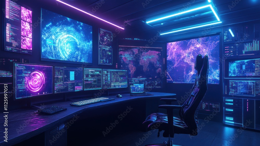 Poster futuristic cyber security workstation with multiple screens