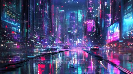 Fototapeta premium Futuristic Cityscape Neon Lights Reflecting On Wet Street