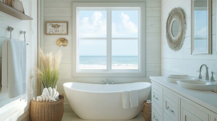 Coastal bathroom with shiplap walls, seashell decor, and a window overlooking the ocean breeze
