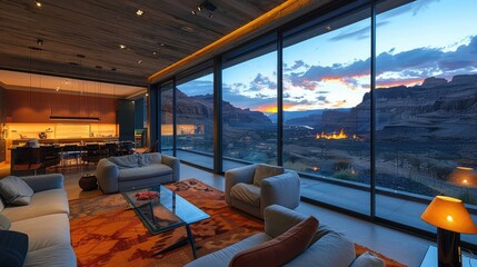 Fototapeta premium Modern living room with panoramic sunset view.