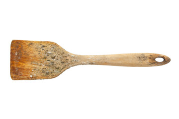 Dirty, moldy Vintage wooden spatula with a worn isolated white backgroun.