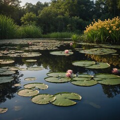 A serene pond with lily pads and blooming flowers.