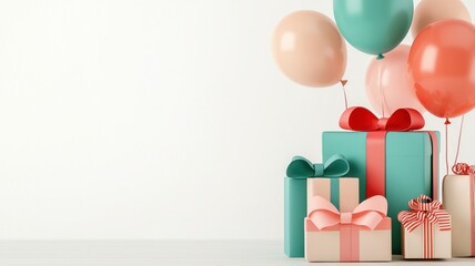 A festive arrangement of colorful gift boxes and balloons, perfect for celebrations like birthdays or holidays.
