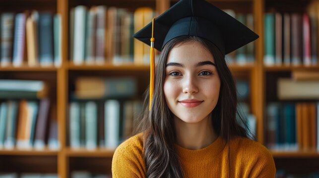 A proud university student dons a graduation cap while seated in a library, surrounded by shelves of books. Her confident smile reflects academic success and passion for learning