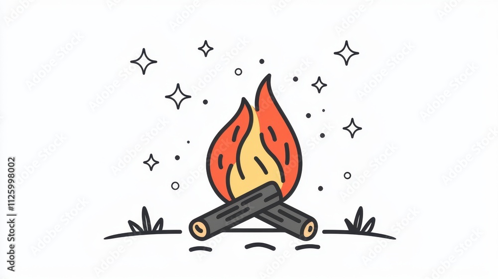 Poster simple outline icon of a flame with logs and stars on a clean white background