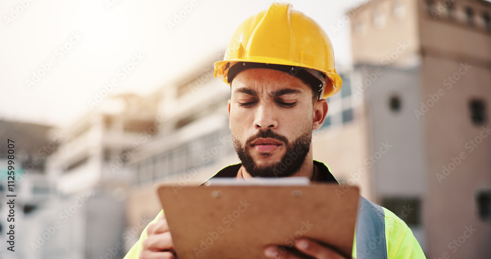 Aufkleber clipboard, engineer and inspection with man in city for architecture, building or planning. construc