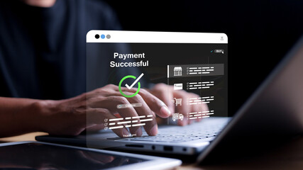 Pay online with digital marketing Business man taps online banking to pay bills Approved concept button Credit card and network connection icons on business technology screen virtual background.