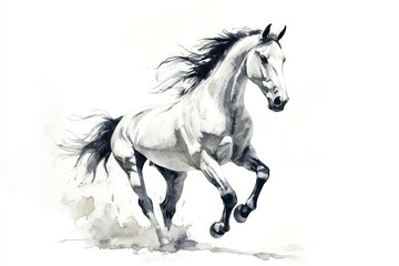 White horse galloping, watercolor painting.