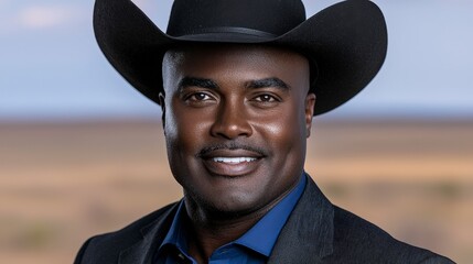 Smiling Black Farmer in Cowboy Hat  Rural Landscape