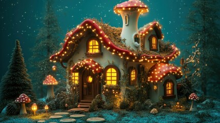 Obraz premium Enchanting Fairy House Illuminated In A Mystical Forest