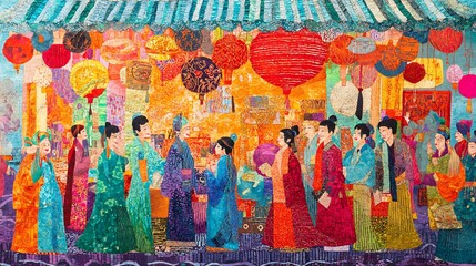 Vibrant textile artwork depicting a bustling Asian market scene with people in traditional clothing and colorful lanterns.
