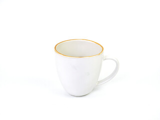 Side view, empty white mug with brown rim isolated on white background. Blank white mug with brown rim ceramic cup mockup and template for design, and banner. Use for home or restaurant.