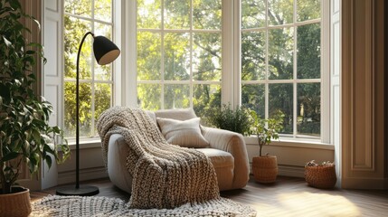Cozy reading nook with a plush armchair, knitted blanket, and a floor lamp, nestled by a large bay window